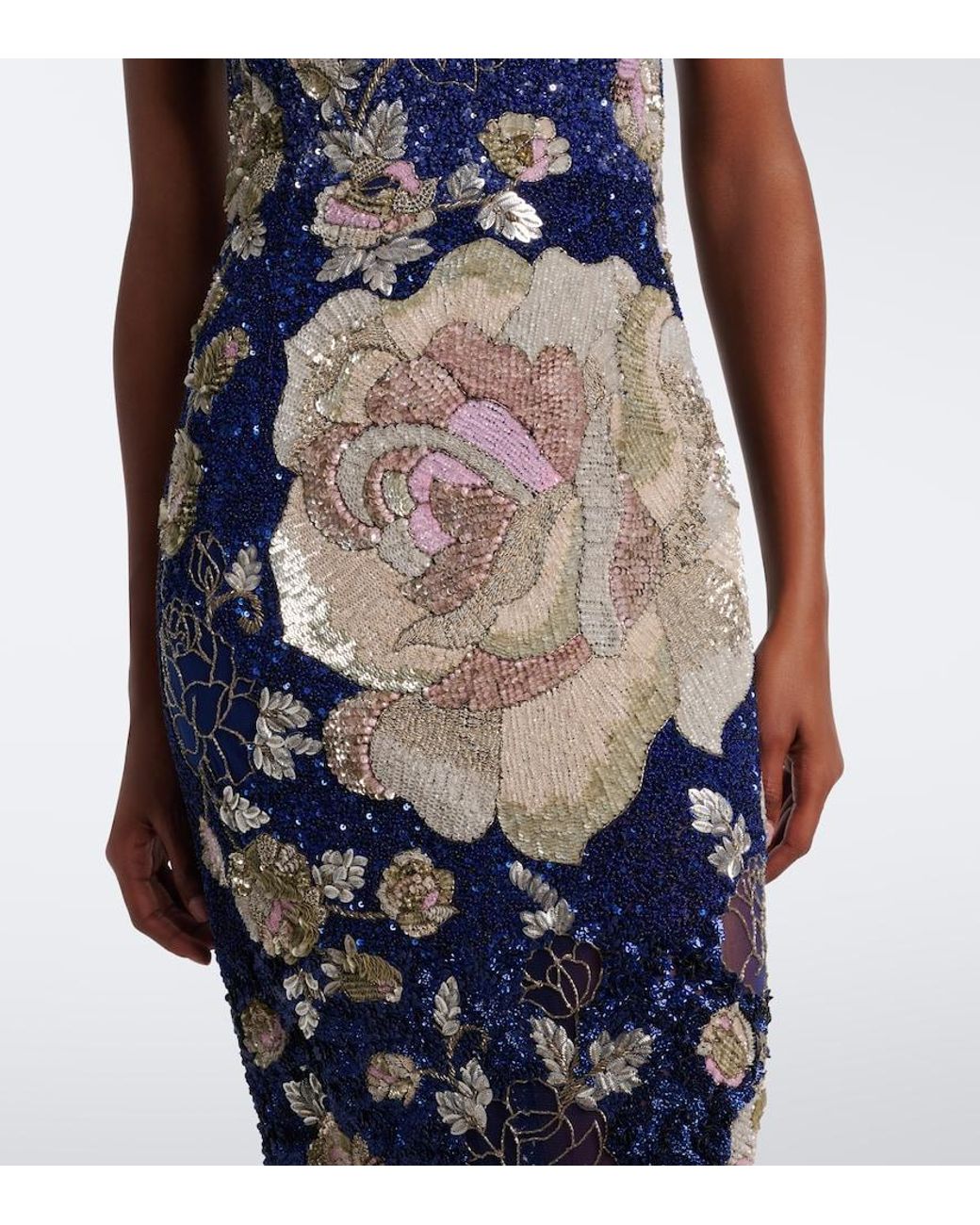 La Fuori Blue Sequined Floral Gown