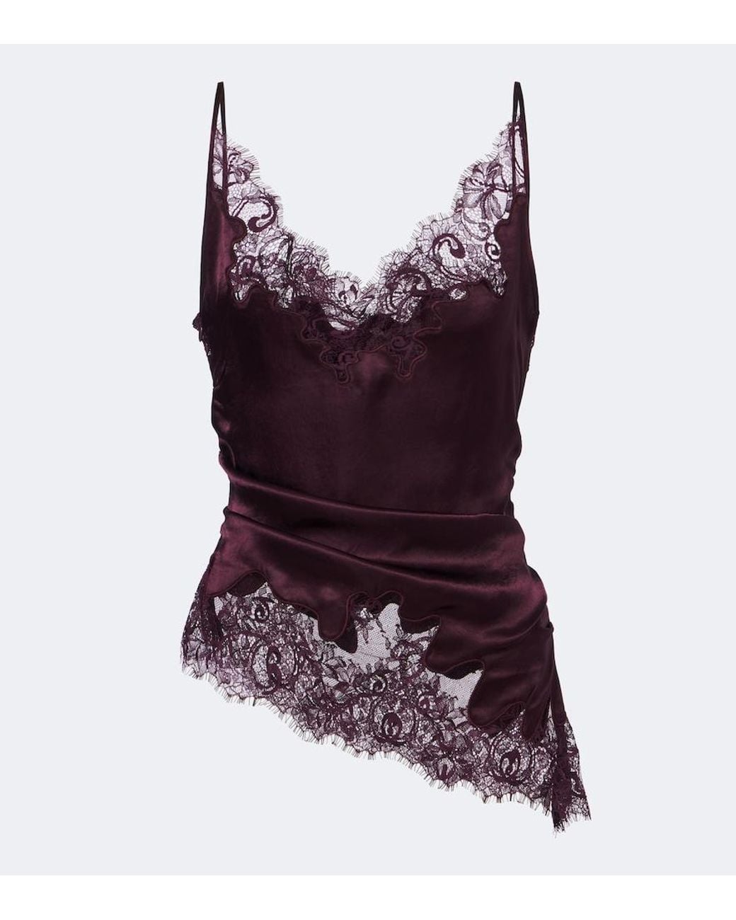 JACQUES WEI Purple Ruched Lace-Trimmed Satin Camisole