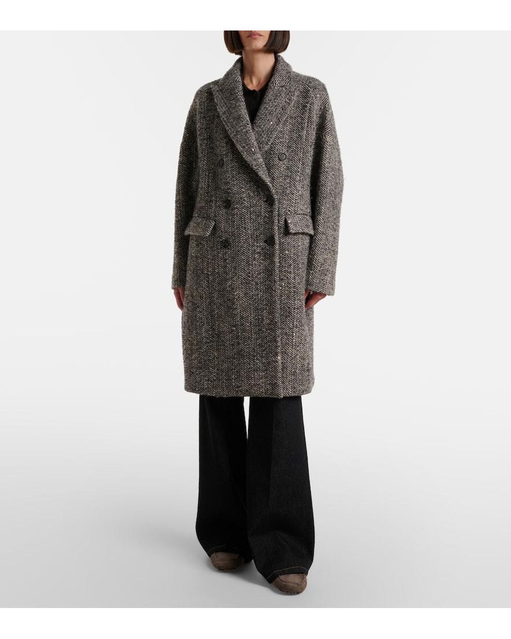 Brunello Cucinelli Gray Herringbone Wool-Blend Coat