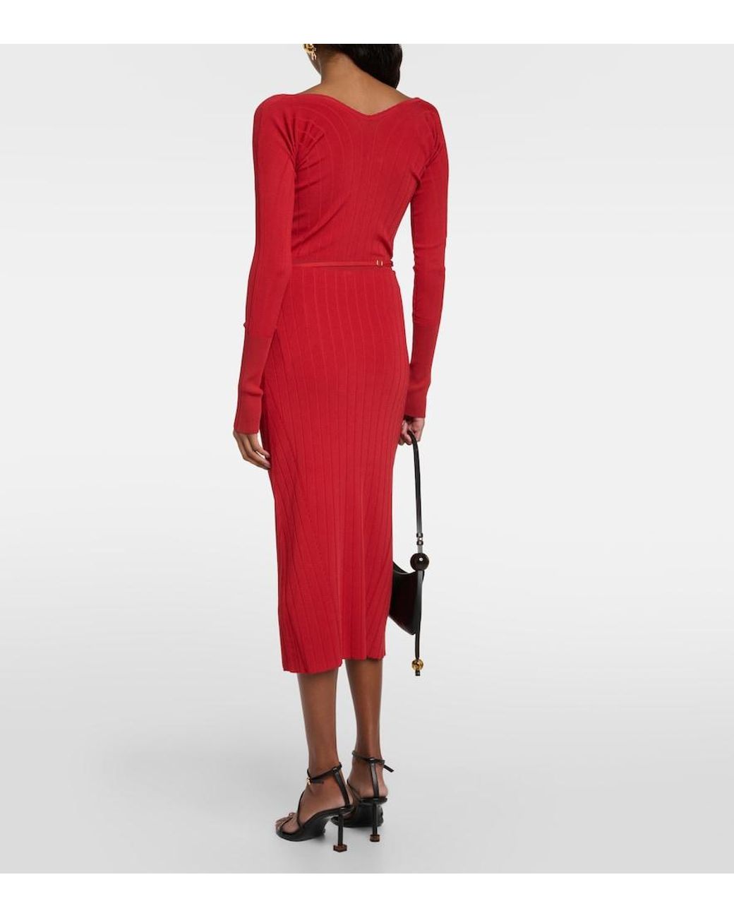Jacquemus Red Viscose Knit Ribbed Midi Skirt