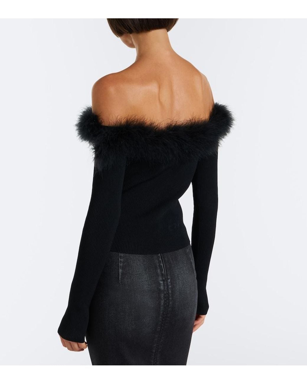 Gucci Black Feather-Trimmed Ribbed-Knit Top