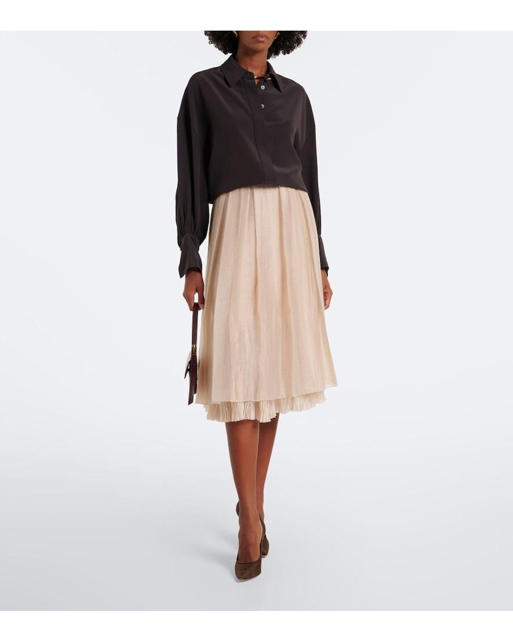 Vince Natural Layered Pleated Midi Skirt
