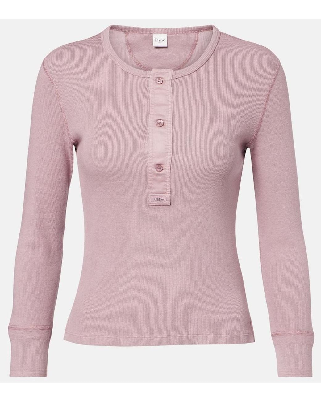 Chloé Pink Ribbed-Knit Cotton Henley Shirt