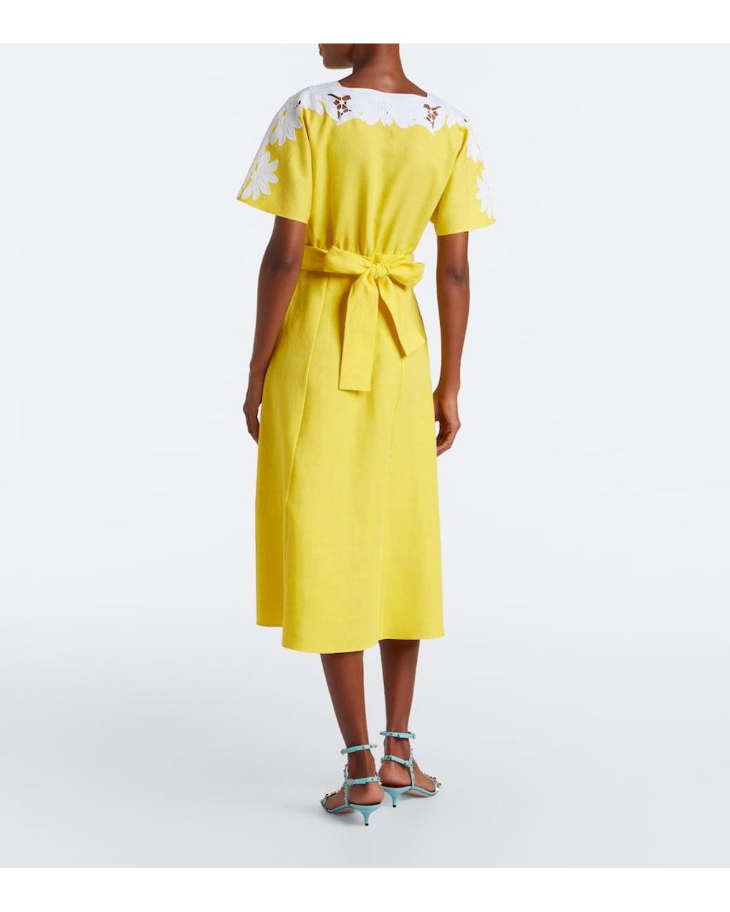 Valentino Garavani Yellow Embroidered Linen Midi Dress