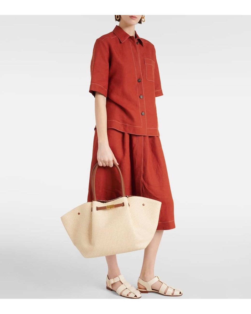 【DEMELLIER】New York leather-trimmed raffia tote bag New York leather-trimmed raffia tote bag in brown - De