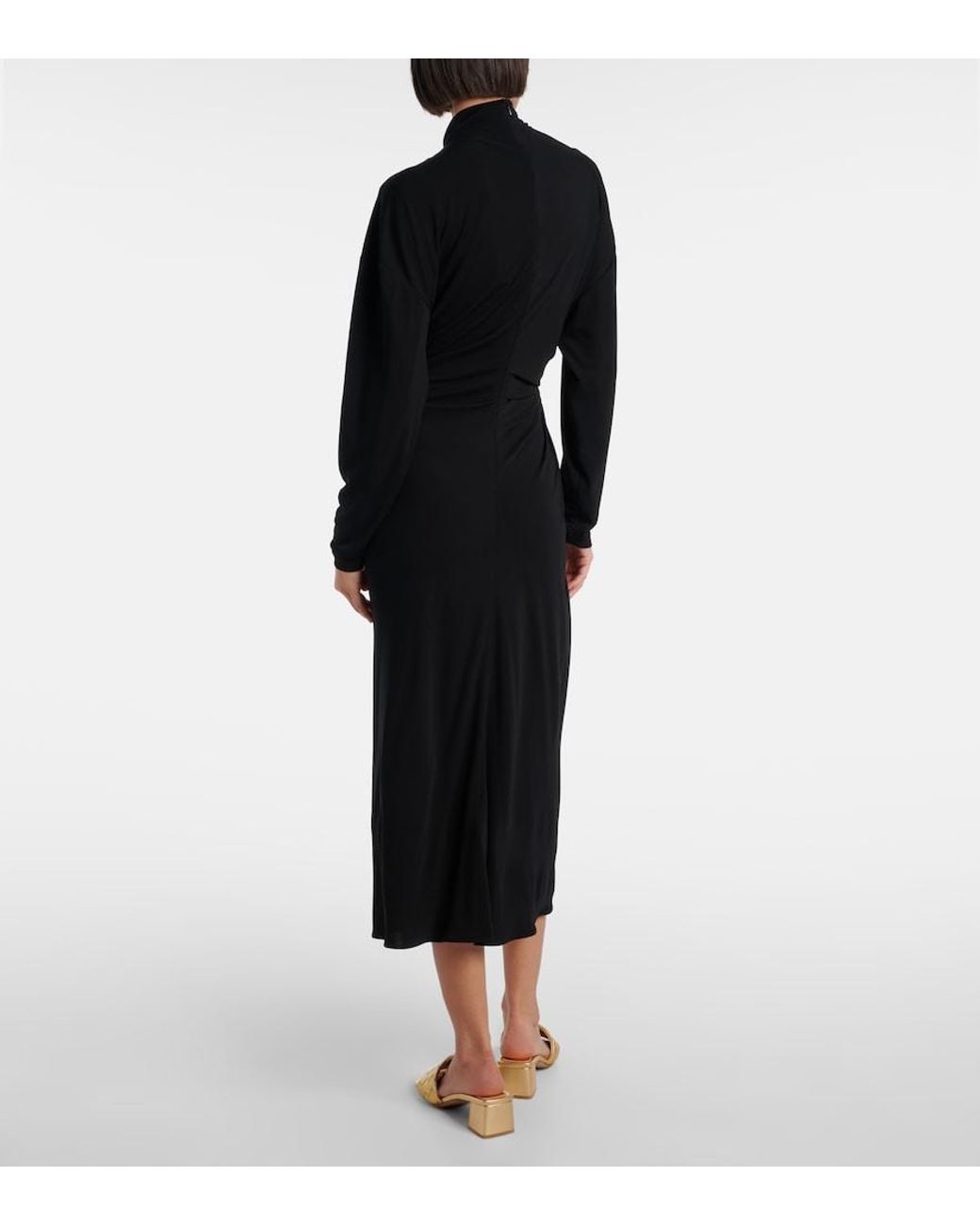 Bottega Veneta Black Gathered Crepe Jersey Midi Dress