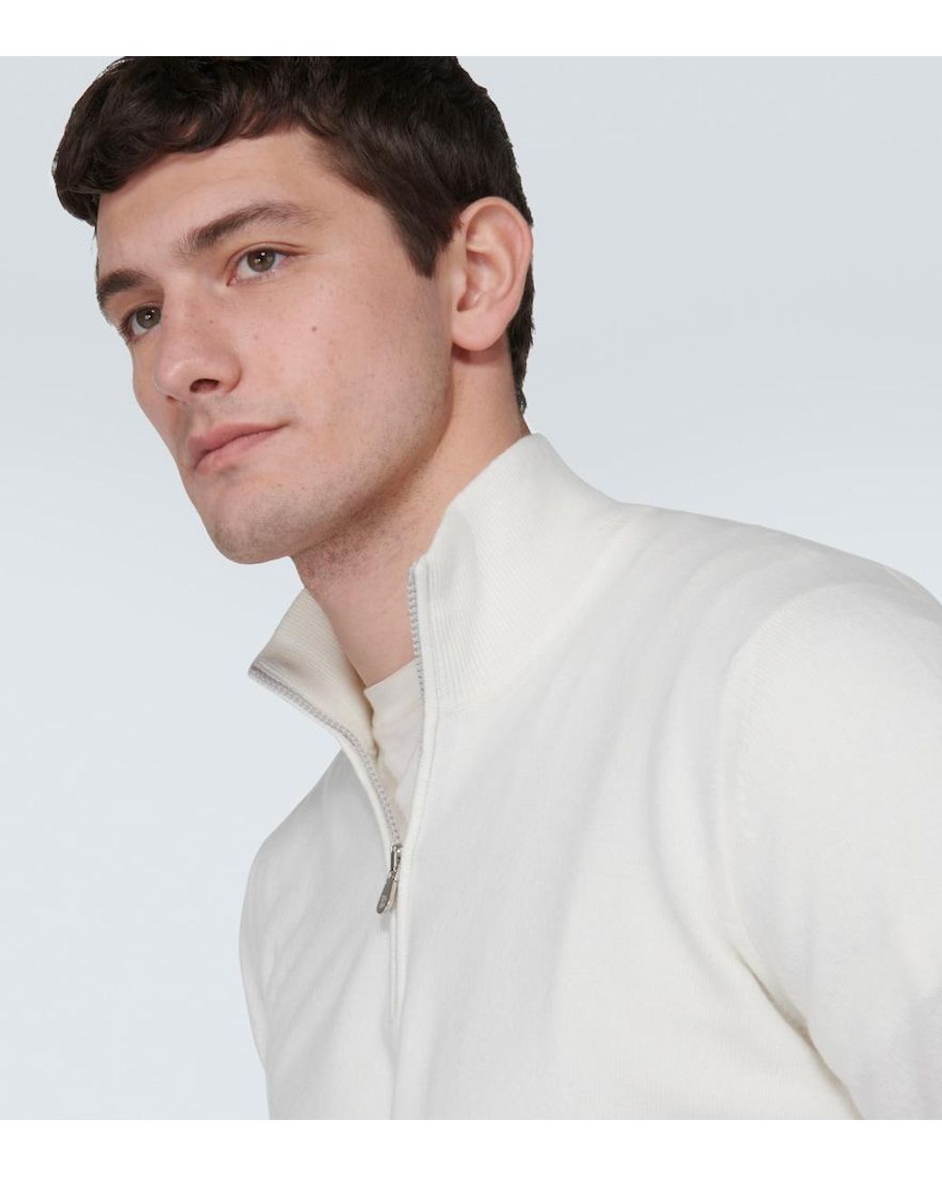 Brunello Cucinelli White Cashmere Half-Zip Sweater for men