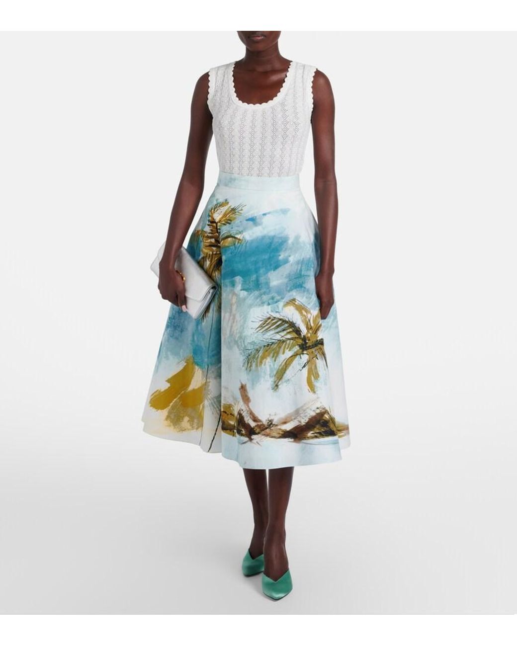 Oscar de la Renta Blue Printed Cotton-Blend Poplin Midi Skirt