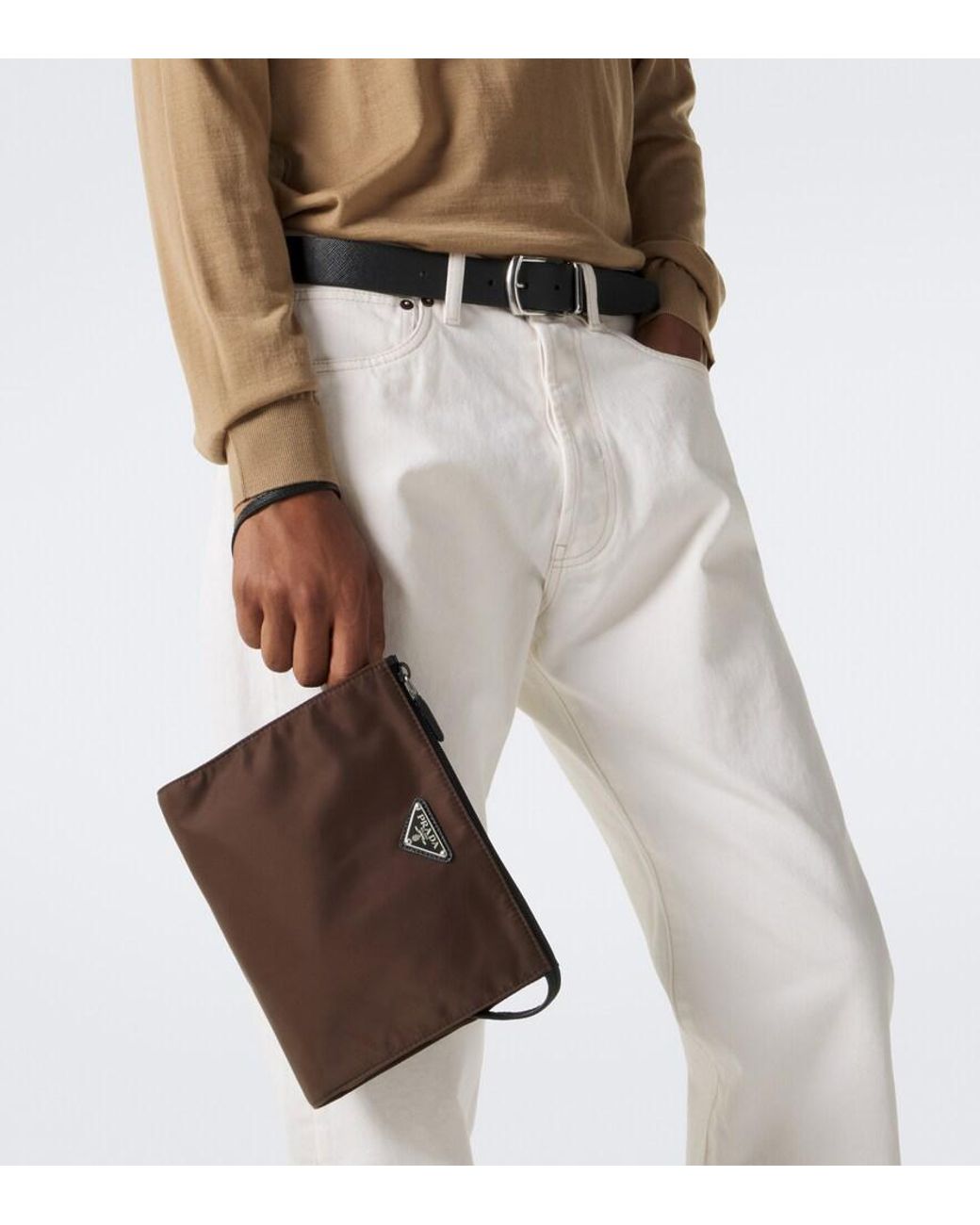 Prada Brown Re-Nylon Leather-Trimmed Pouch for men