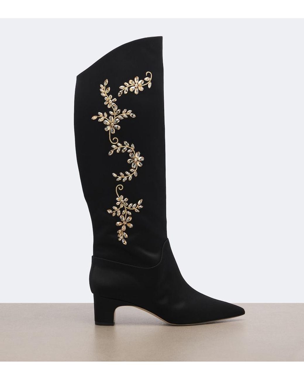 Manolo Blahnik Black Dispasa Embellished Satin Knee-High Boots