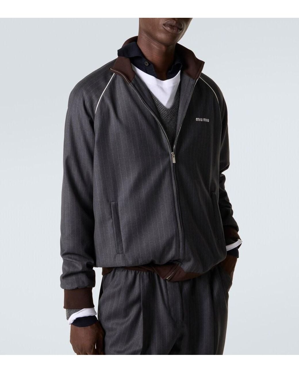 Miu Miu Black Logo Pinstripe Virgin Wool Track Jacket for men
