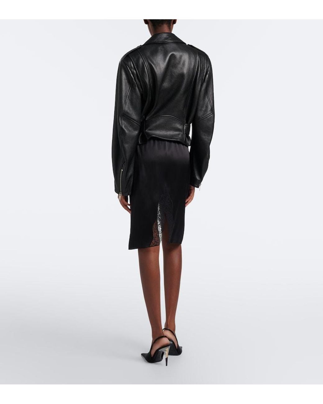 Saint Laurent Black Lace-Trimmed Silk Satin Slip Skirt