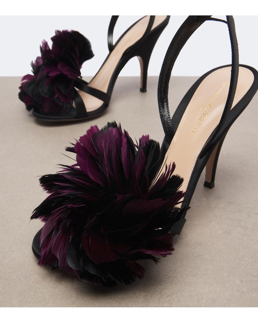 Gianvito Rossi Black Floral-Applique Satin Slingback Sandals