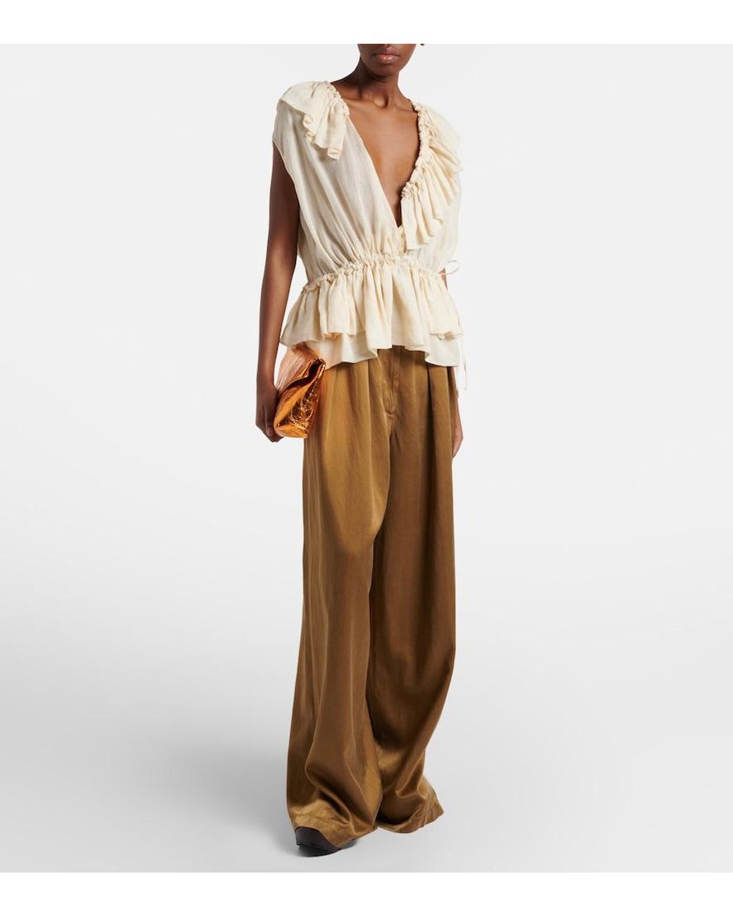 Dries Van Noten Natural Ruffled Peplum Ramie Top