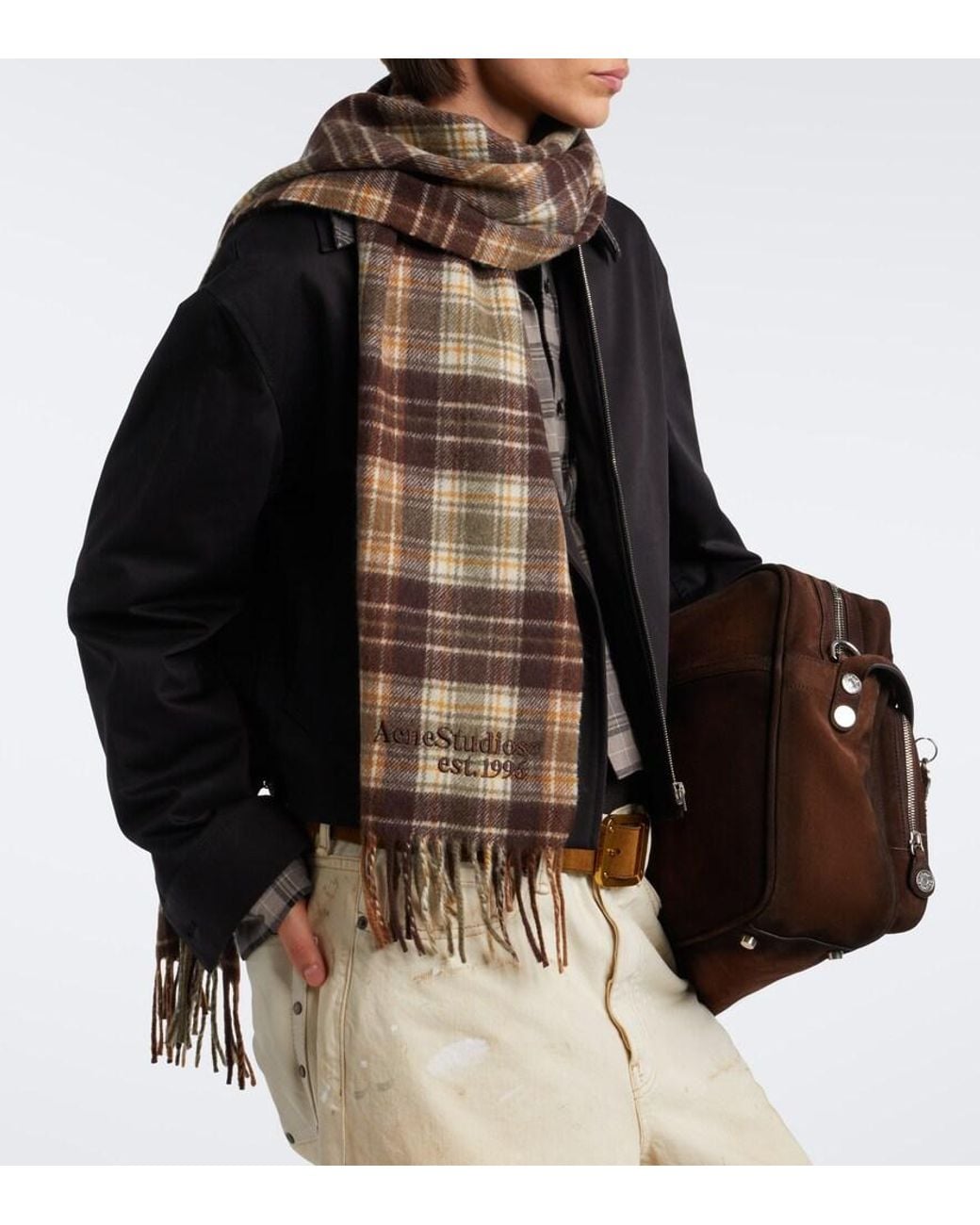 Acne Natural Checked Fringed Cashmere And Wool Scarf