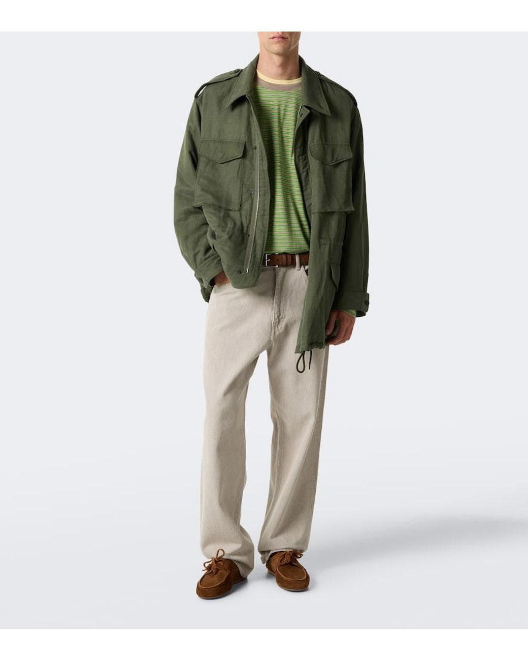 Auralee Green Striped Wool T-Shirt for men