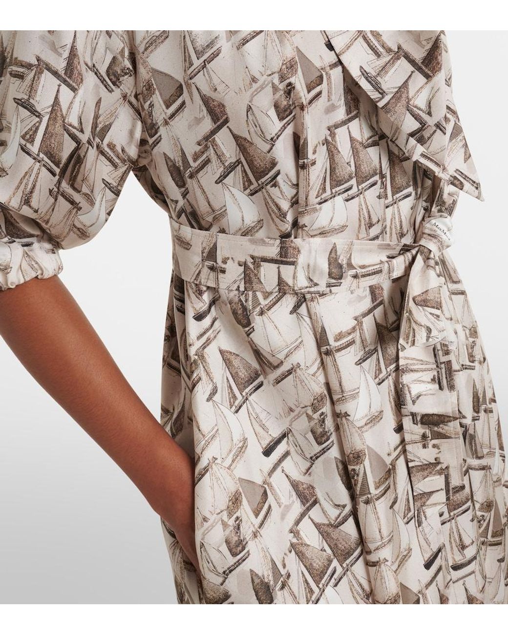 Max Mara White Printed Tie-Neck Silk Twill Midi Dress