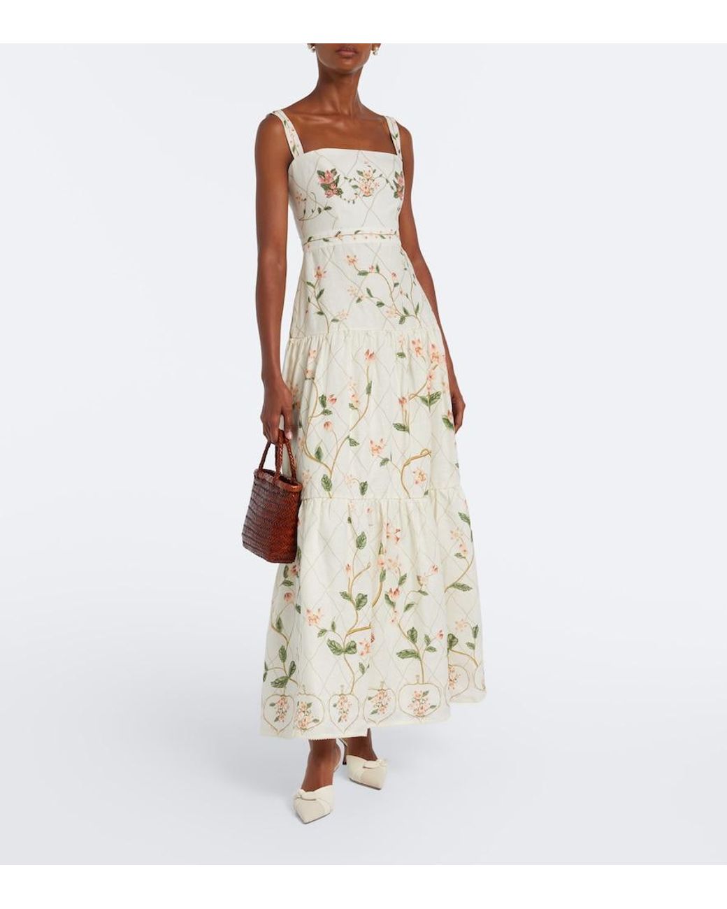 Agua Bendita White Lima Floral Embroidered Linen Maxi Dress