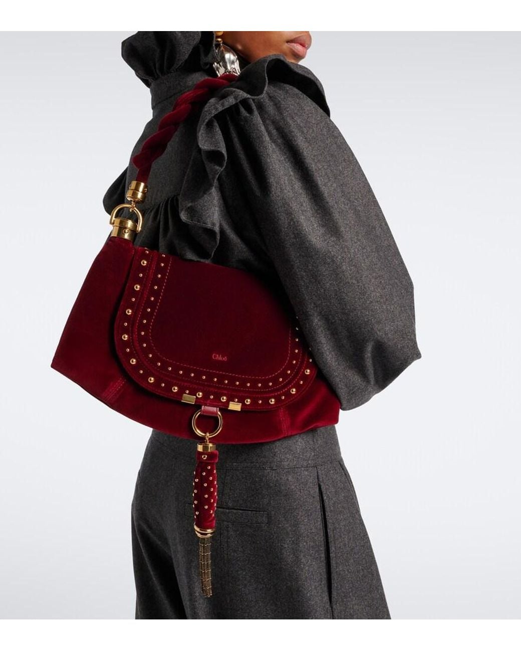 Chloé Red Marcie Foulard Small Velvet Shoulder Bag