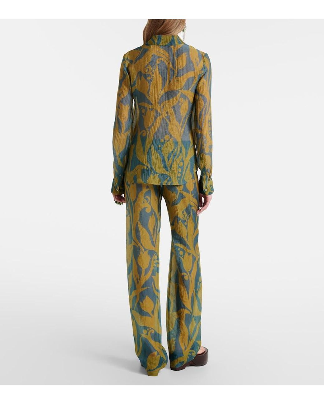 Dries Van Noten Green Pachas Printed Silk Straight Pants
