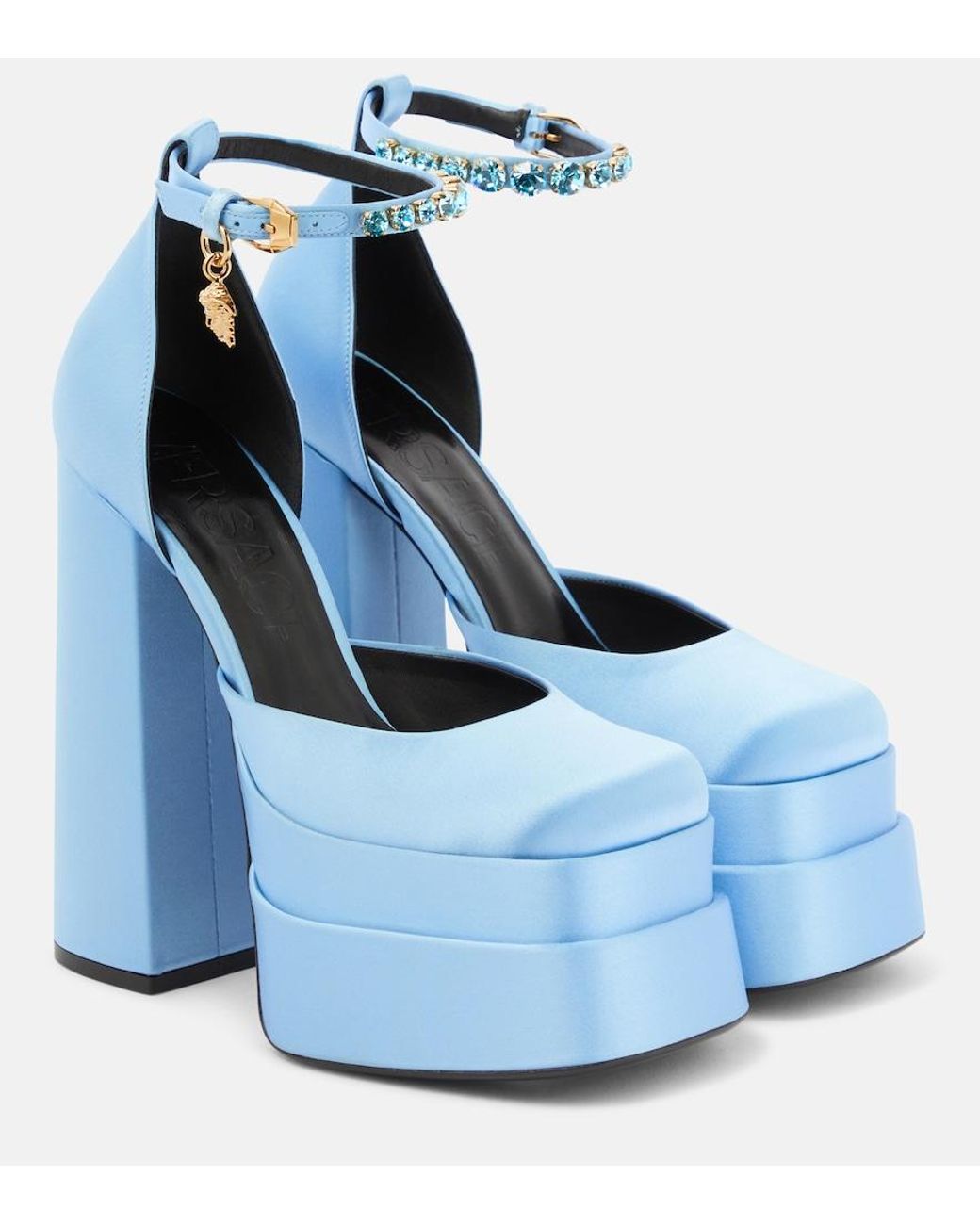 Versace Blue Medusa Aevitas Embellished Satin Platform Sandals