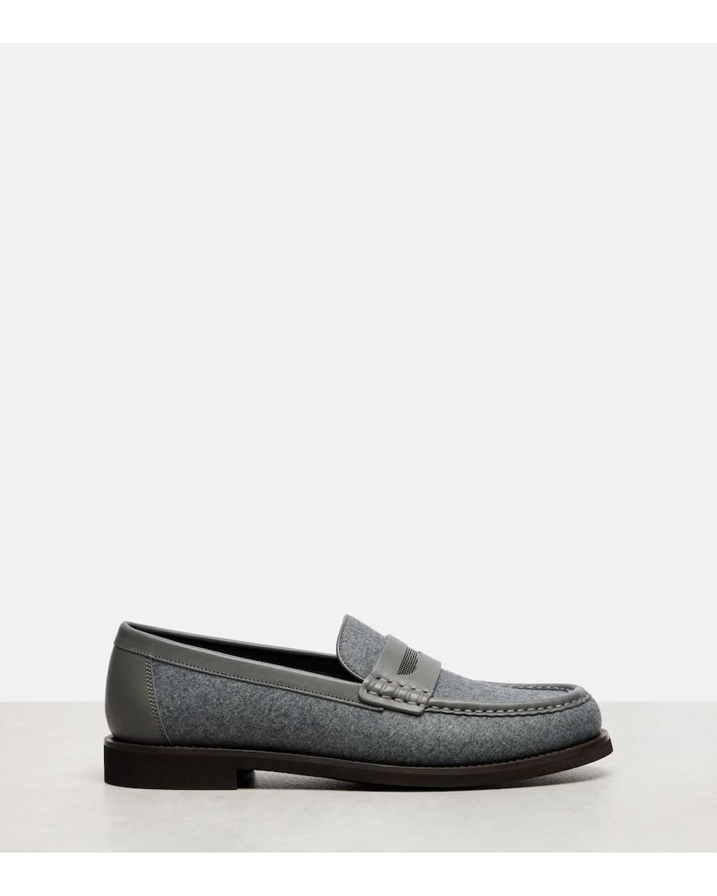 Brunello Cucinelli Gray Monili Leather-Trimmed Loafers