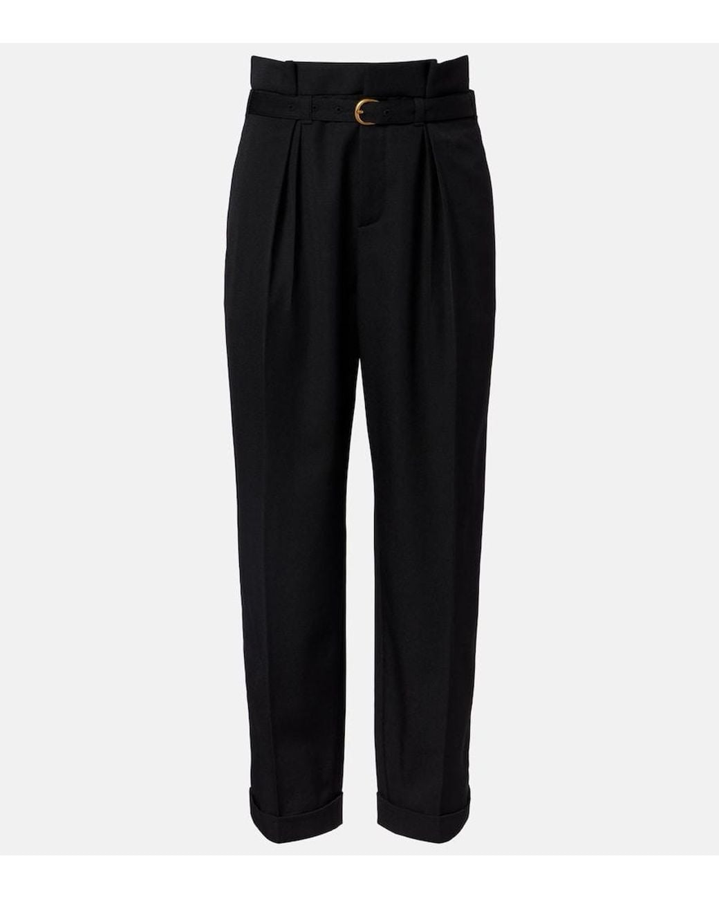 Chloé Black Belted Pleated Virgin Wool Tapered Pants