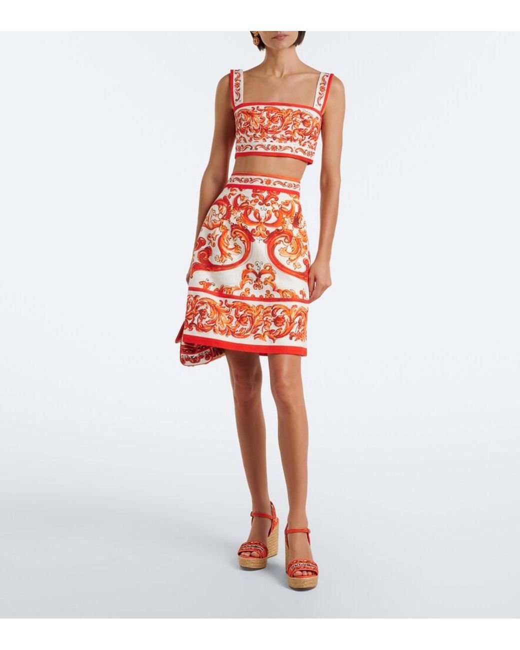Dolce & Gabbana Red Majolica Cotton And Linen-Blend Miniskirt