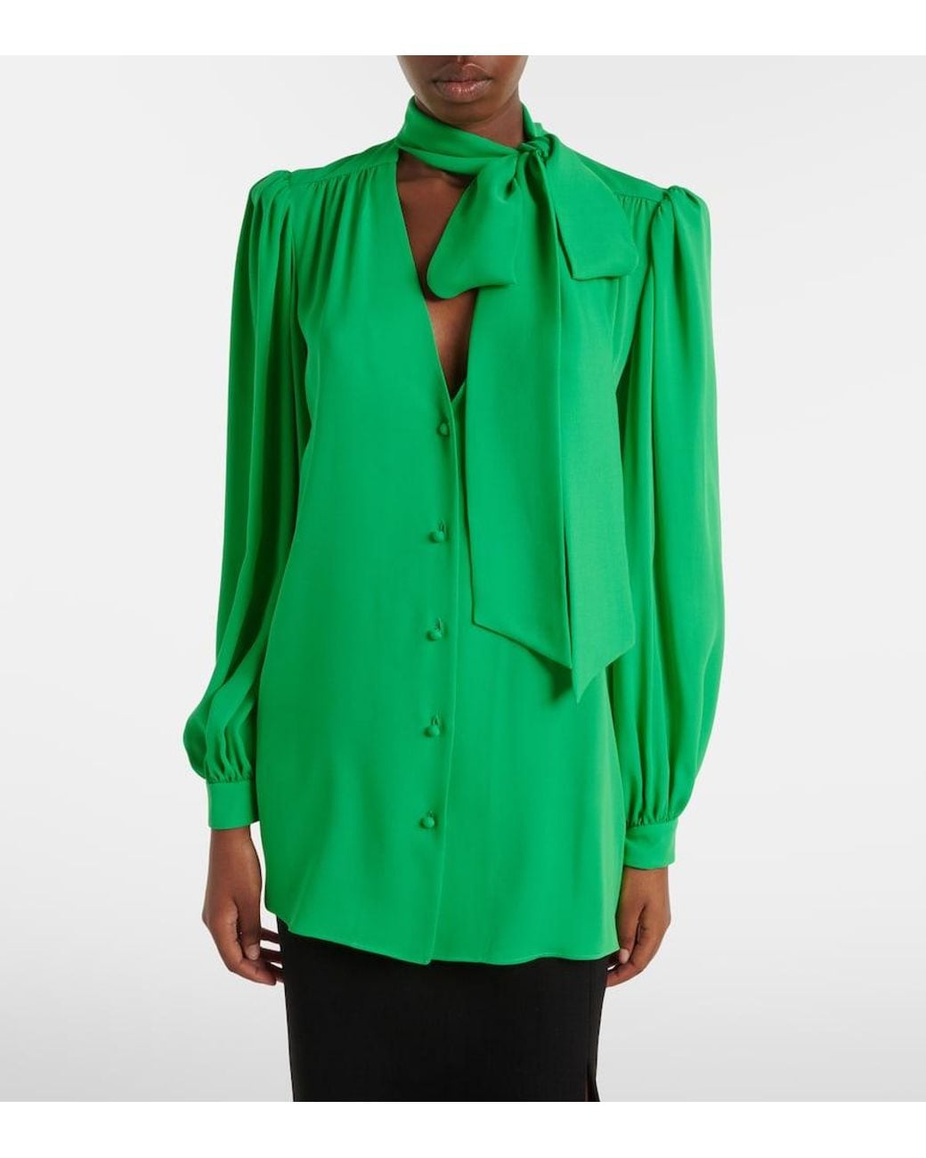 Valentino Garavani Green Tie-Neck Silk Georgette Blouse
