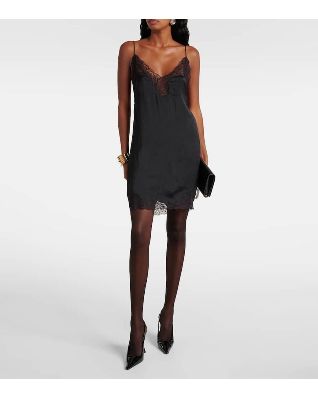 Saint Laurent Lace-Trimmed Satin Slip Dress in Black | Lyst Saint Laurent Lace-Trimmed Satin Slip Dress in Black | Lyst