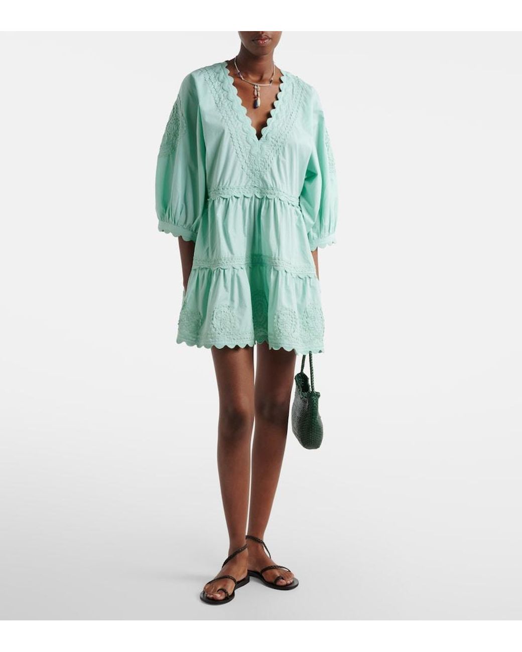 Juliet Dunn Blue Embroidered Scalloped Cotton Poplin Minidress
