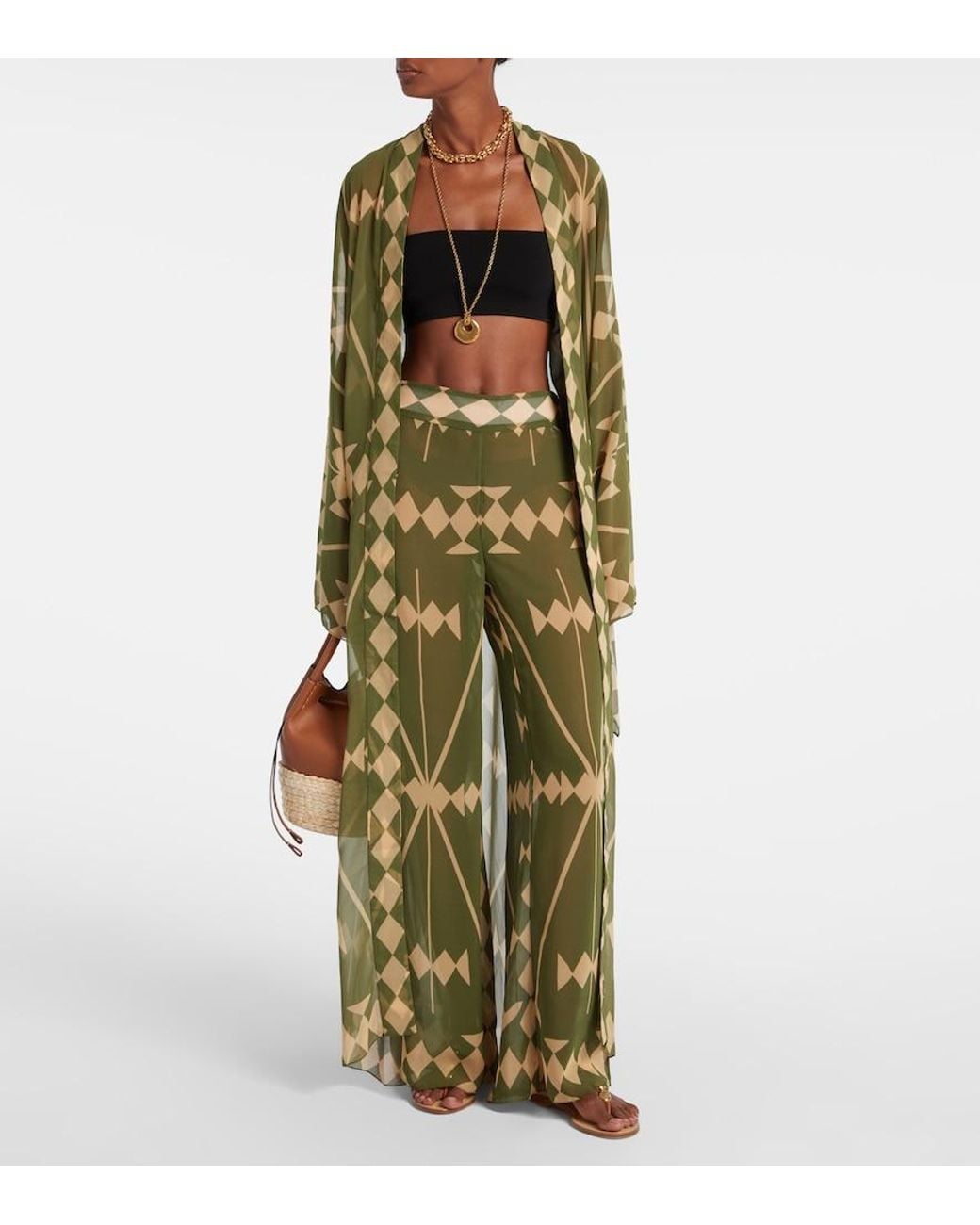 Johanna Ortiz Green Printed Sheer Chiffon Palazzo Pants