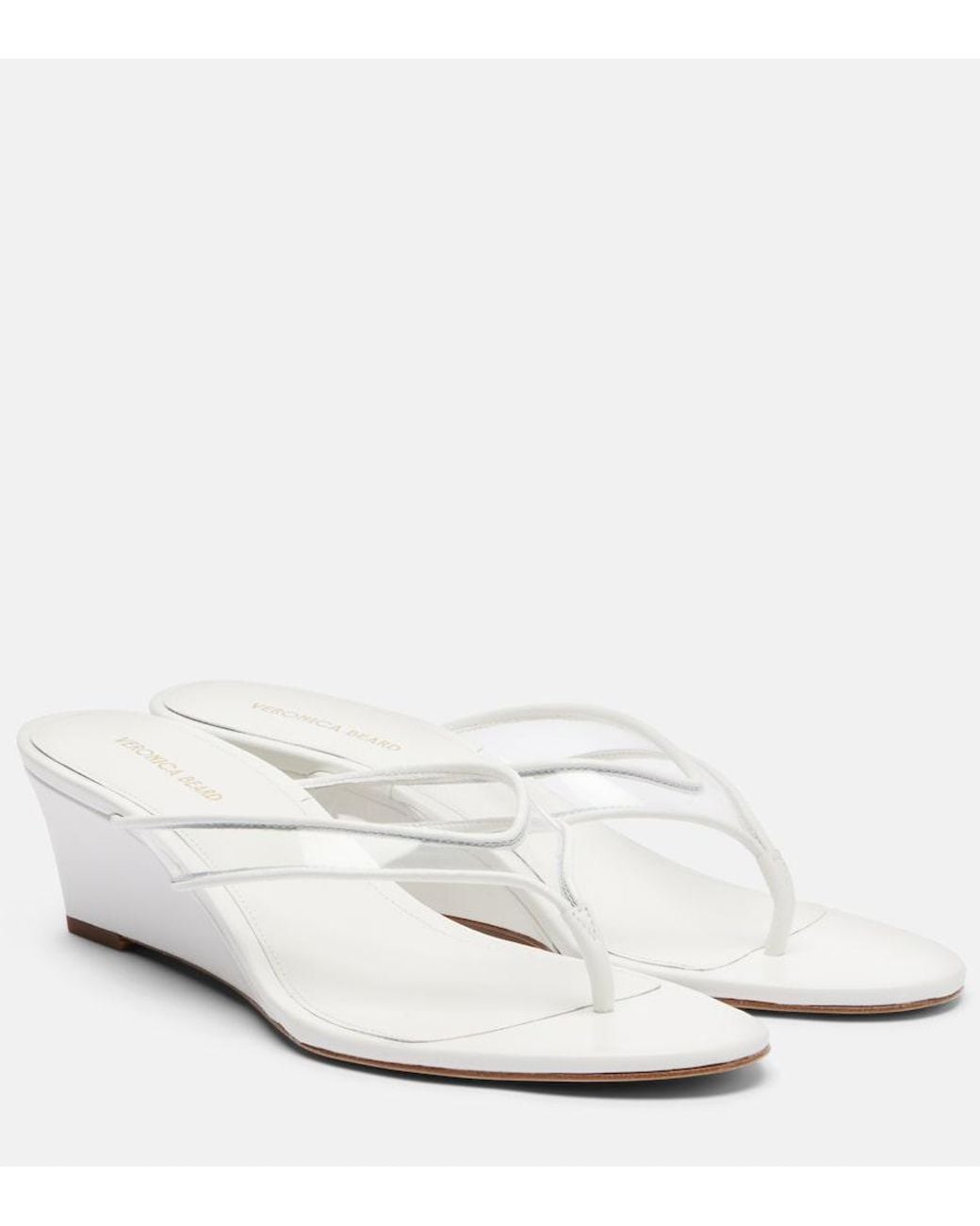Veronica Beard White Clea Leather-Trimmed Wedge Thong Sandals