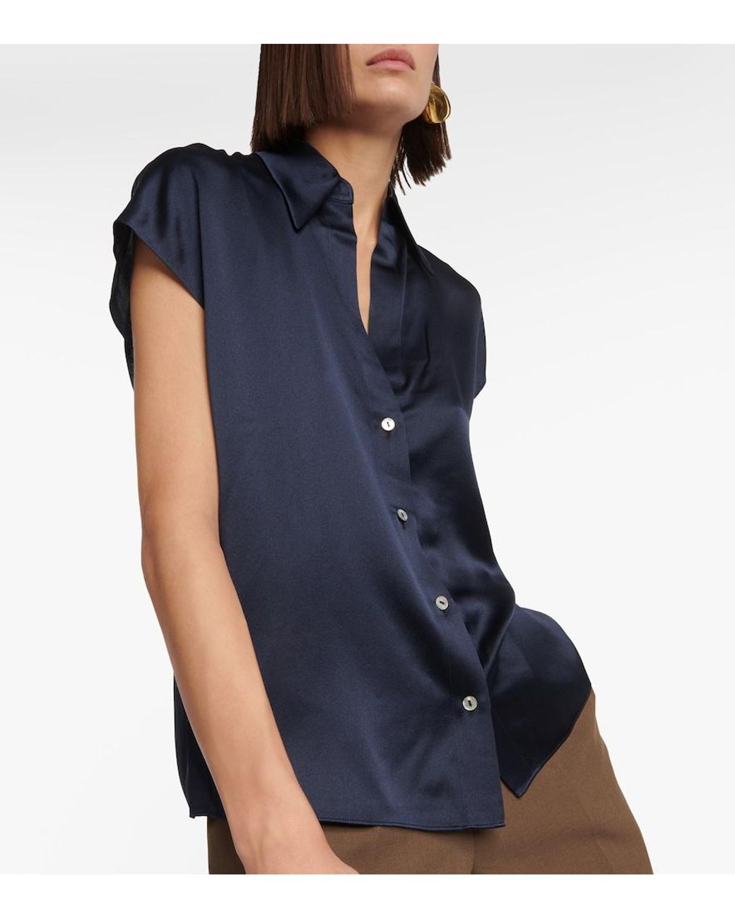 Vince Blue Ruched Silk Satin Blouse
