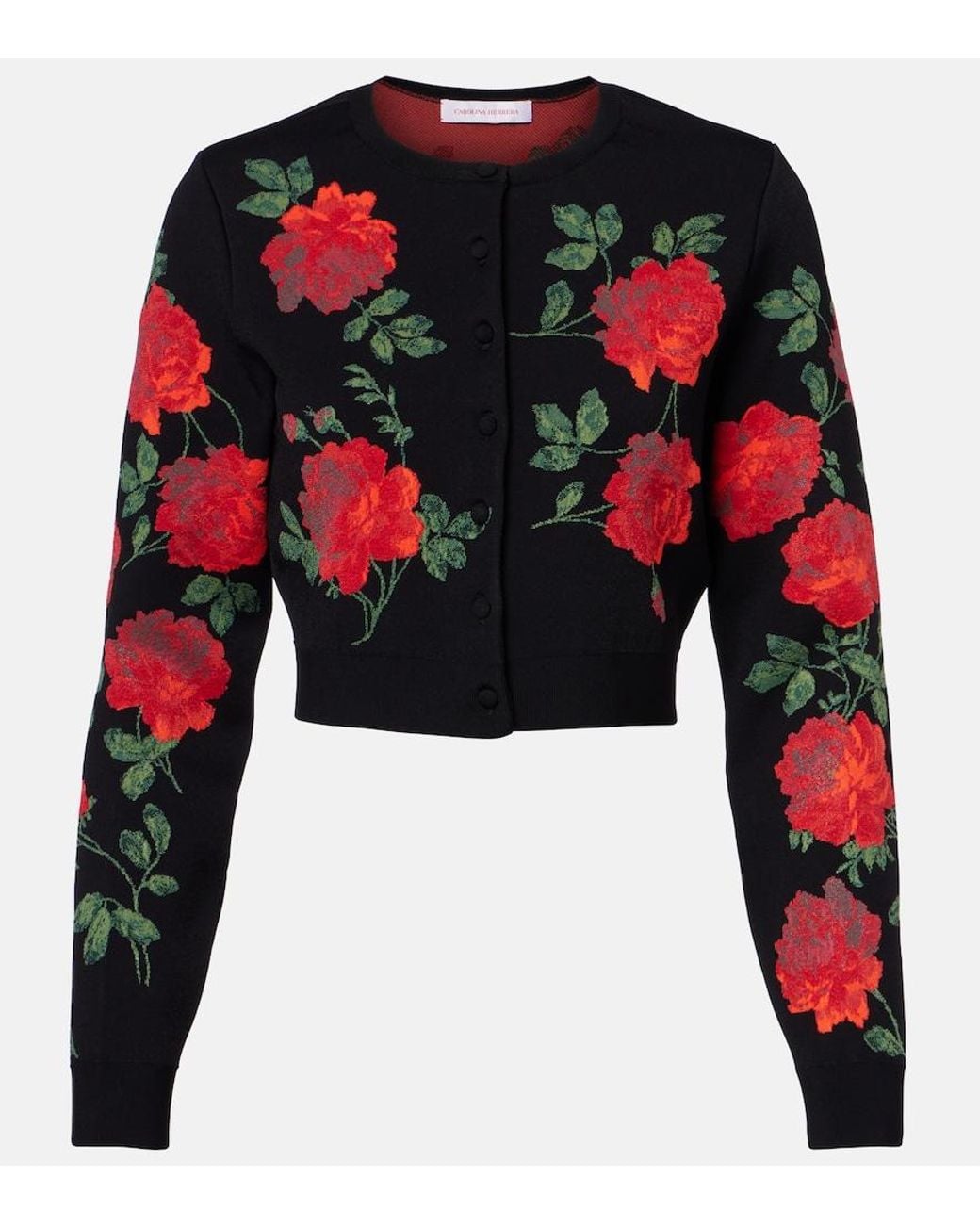 Carolina Herrera Red Floral Cropped Jacquard Cardigan