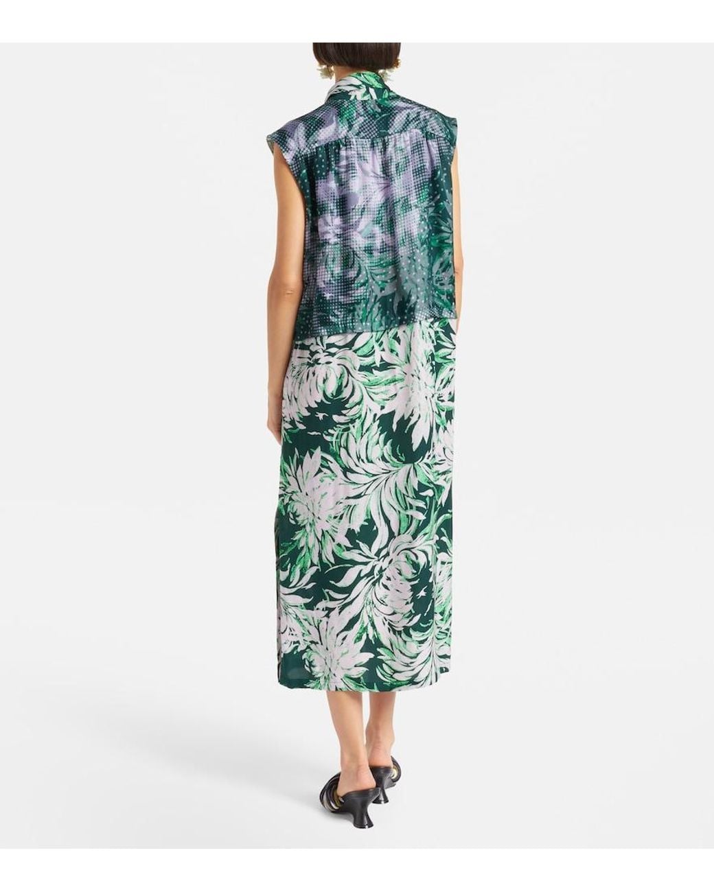 Dries Van Noten Green Printed Tie-Neck Midi Dress
