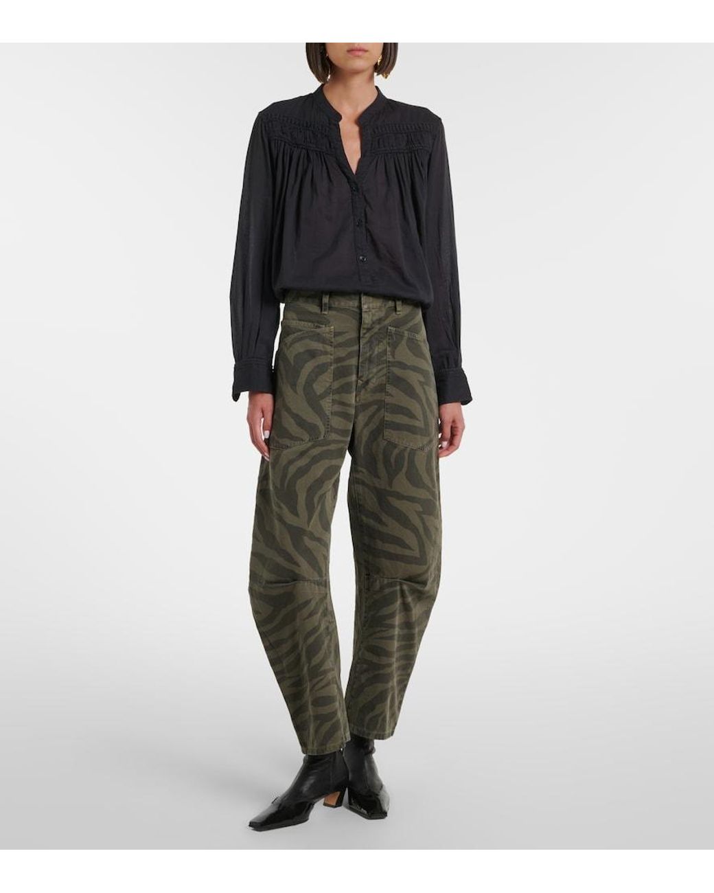 Nili Lotan Green Shon Cropped Barrel-Leg Jeans