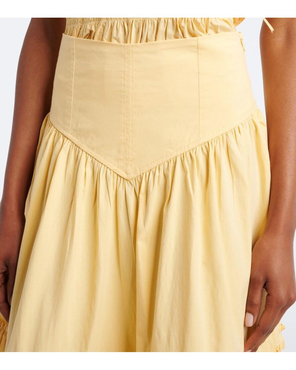 Ganni Yellow Ruffled Shirred Tiered Cotton-Blend Midi Skirt