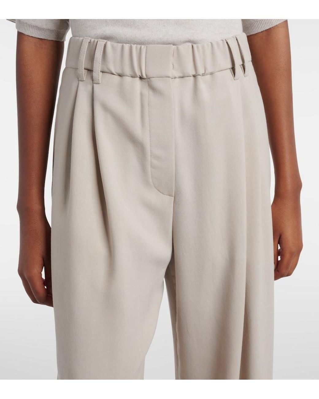 Brunello Cucinelli Natural Monili Wool-Blend Wide-Leg Pants