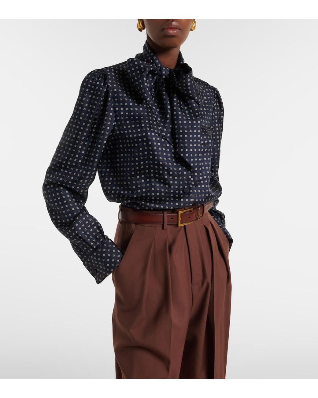 Saint Laurent Blue Printed Tie-Neck Silk Crepe De Chine Blouse