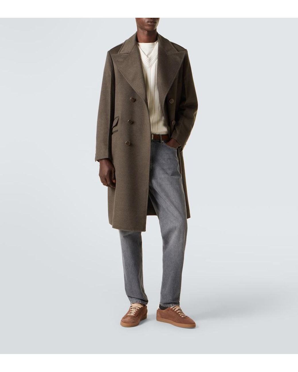 Brunello Cucinelli Brown Double-Breasted Virgin Wool Overcoat for men