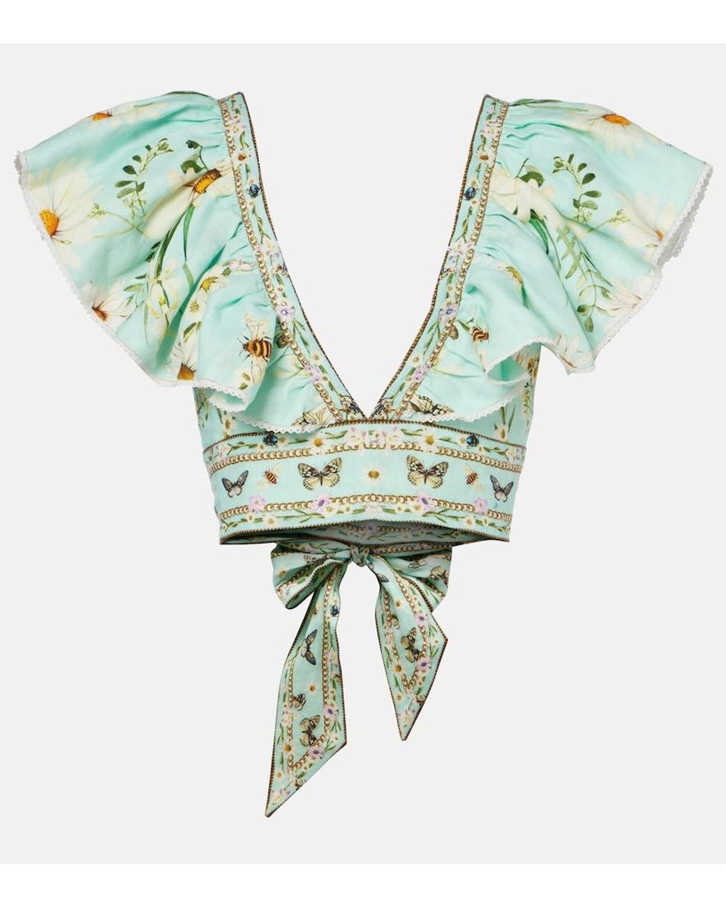Camilla Green Floral Linen Crop Top