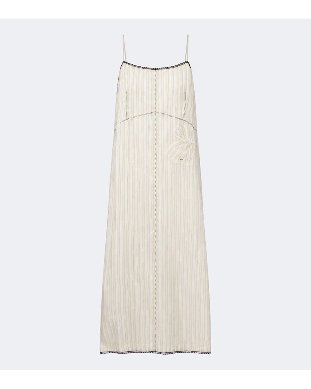 Prada Natural Bow-Detail Striped Midi Dress