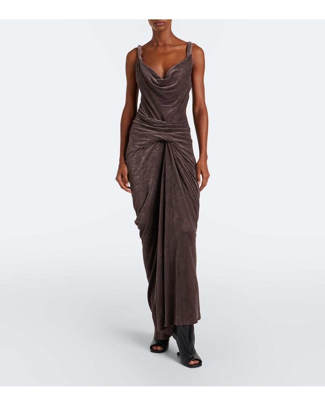 Rick Owens Brown Strutter Draped Gathered Velvet Maxi Dress