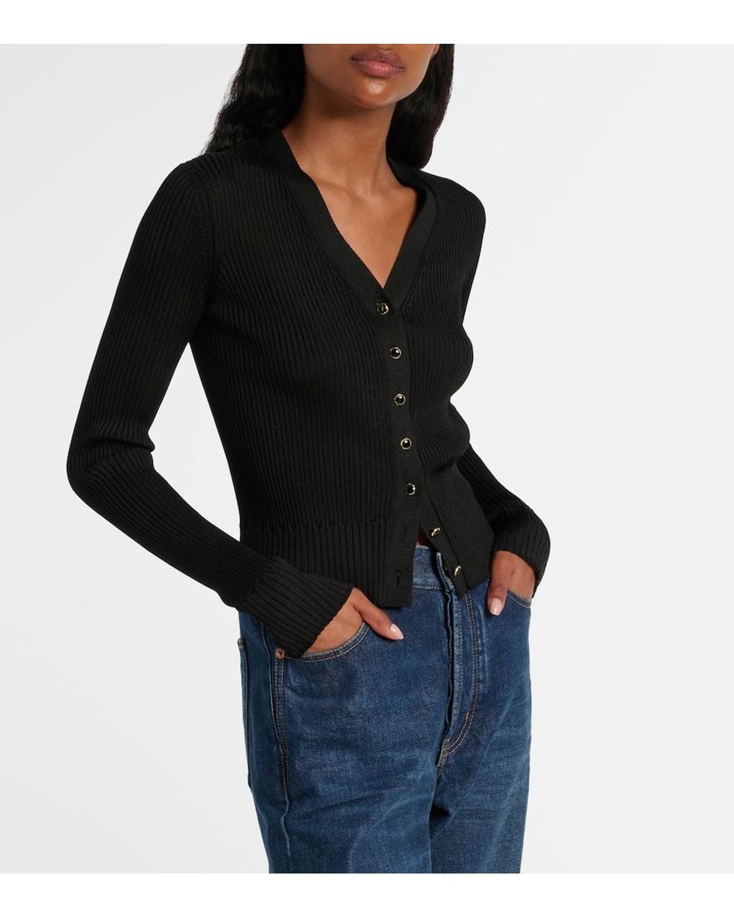 Saint Laurent Black Ribbed-Knit Wool, Cashmere, Silk Cardigan