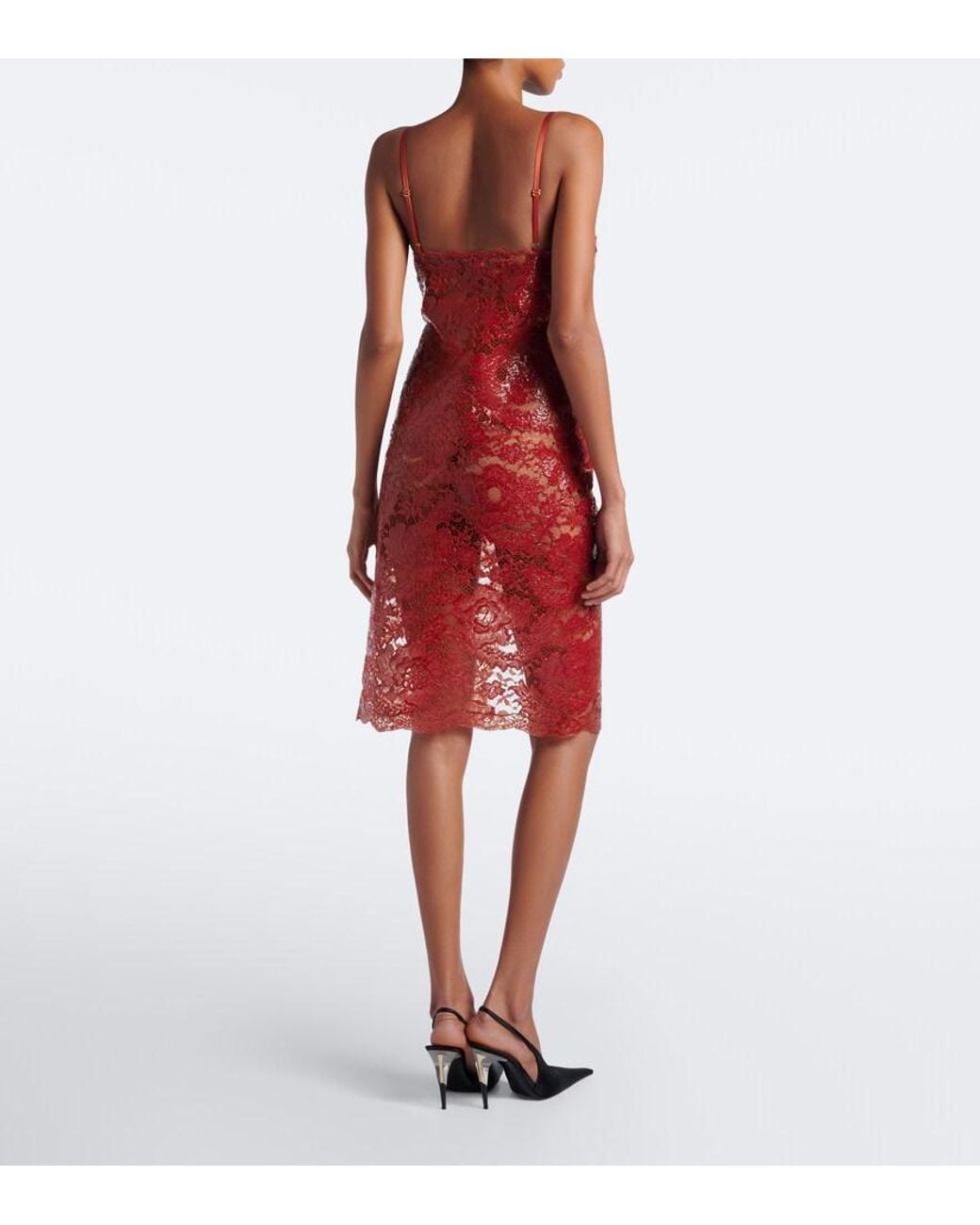 Saint Laurent Red Cotton-Blend Lace Slip Dress