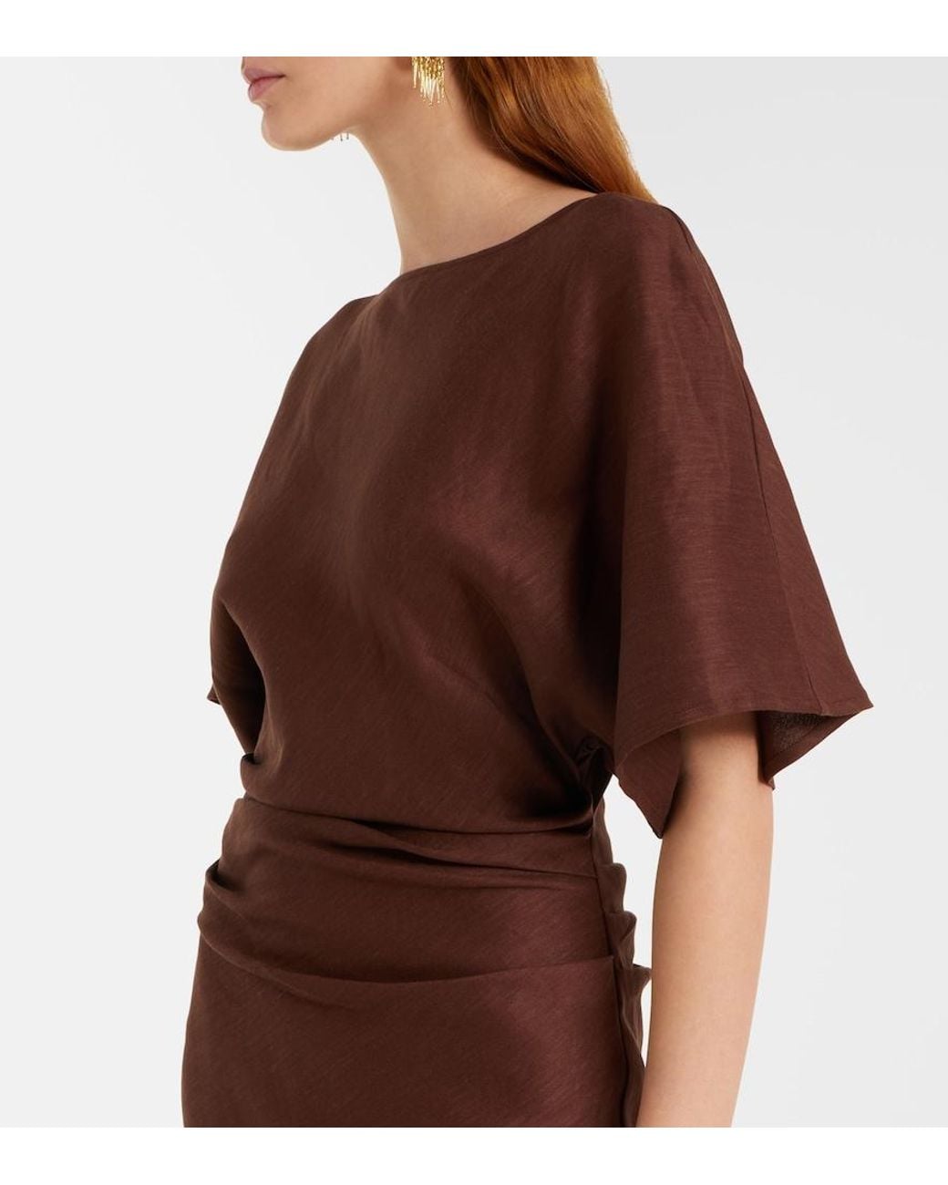 Staud Brown Amelie Linen-Blend Midi Dress