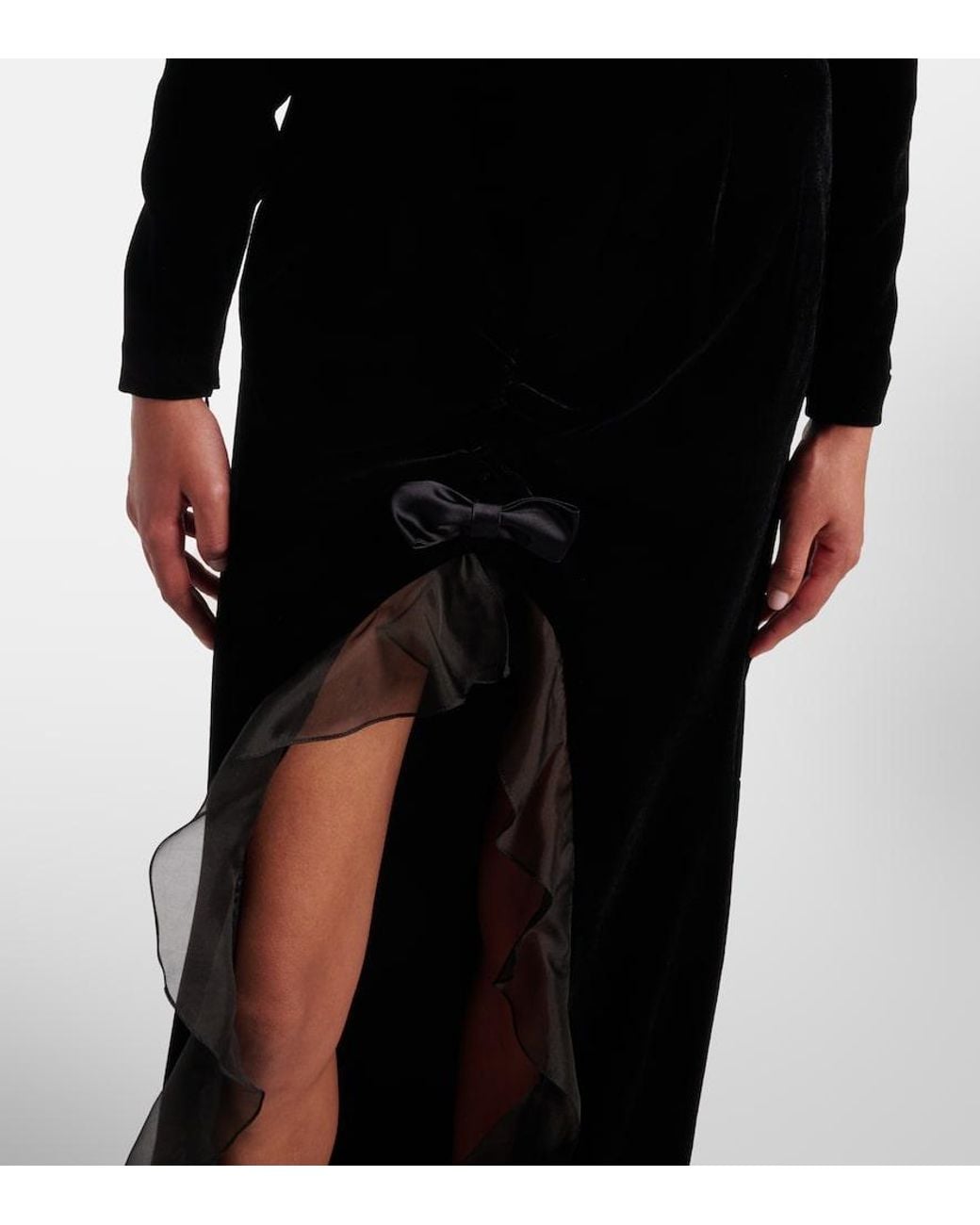 Alessandra Rich Black Ruched Silk-Trimmed Asymmetric Velvet Gown