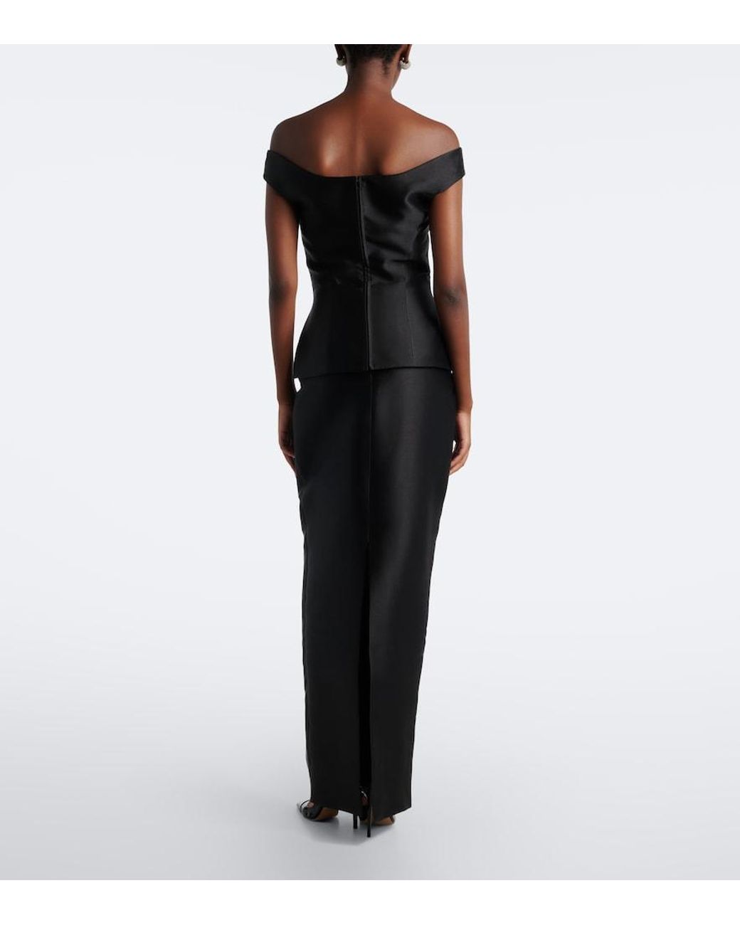 Solace London Black Pieta Off-Shoulder Peplum Satin Gown