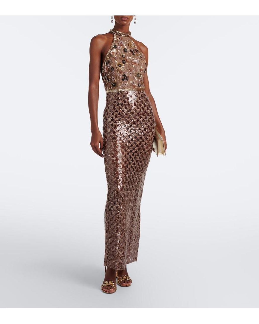La Fuori Brown Scales Of Embellished Halterneck Gown